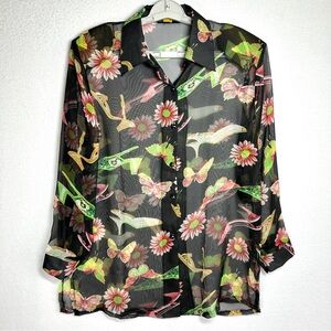Amber Dawn Vintage Sheer Top L XL Black Floral Shoes Butterflies Blouse Buttons